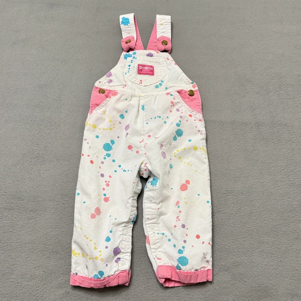Vintage OshKosh B'gosh Overalls Kids 3T White Pink Paint Splatter USA Vestbak